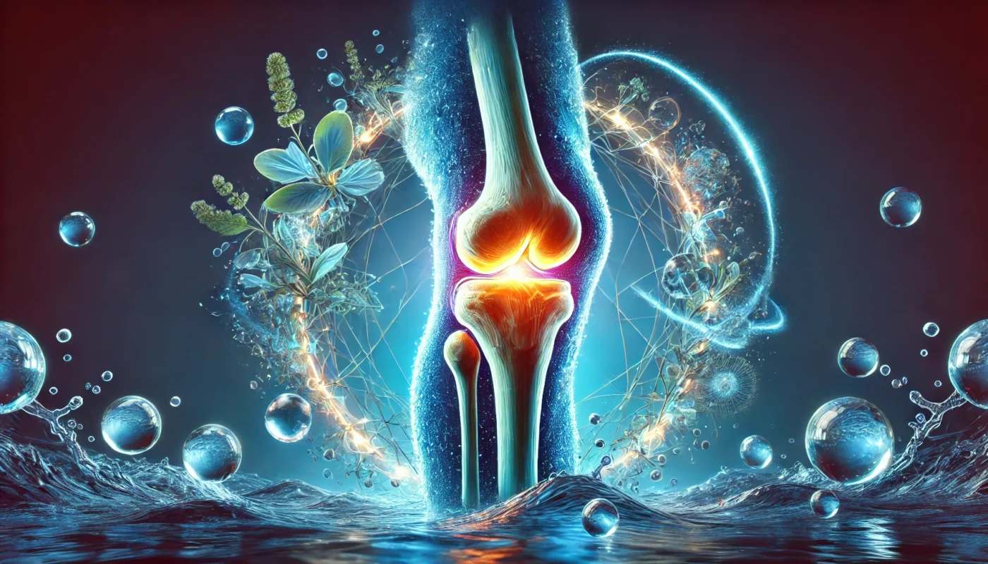 An artistic visualization of a glowing knee joint surrounded by fluid elements, illustrating how hydration supports joint lubrication and reduces inflammation.