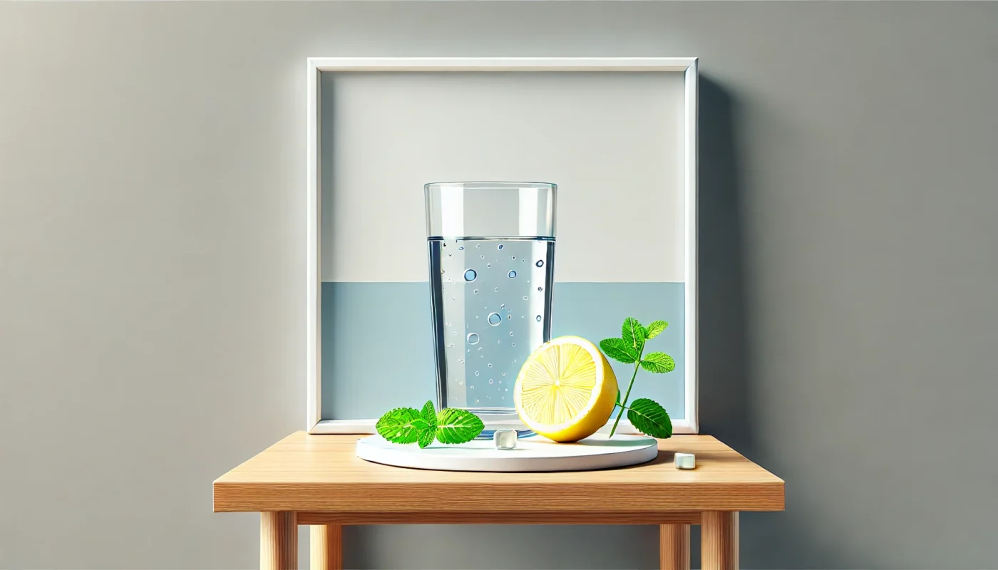 A minimalist depiction of a glass of water with a slice of lemon, placed on a sleek wooden table with fresh mint leaves, symbolizing hydration's vital role in joint health and inflammation management.