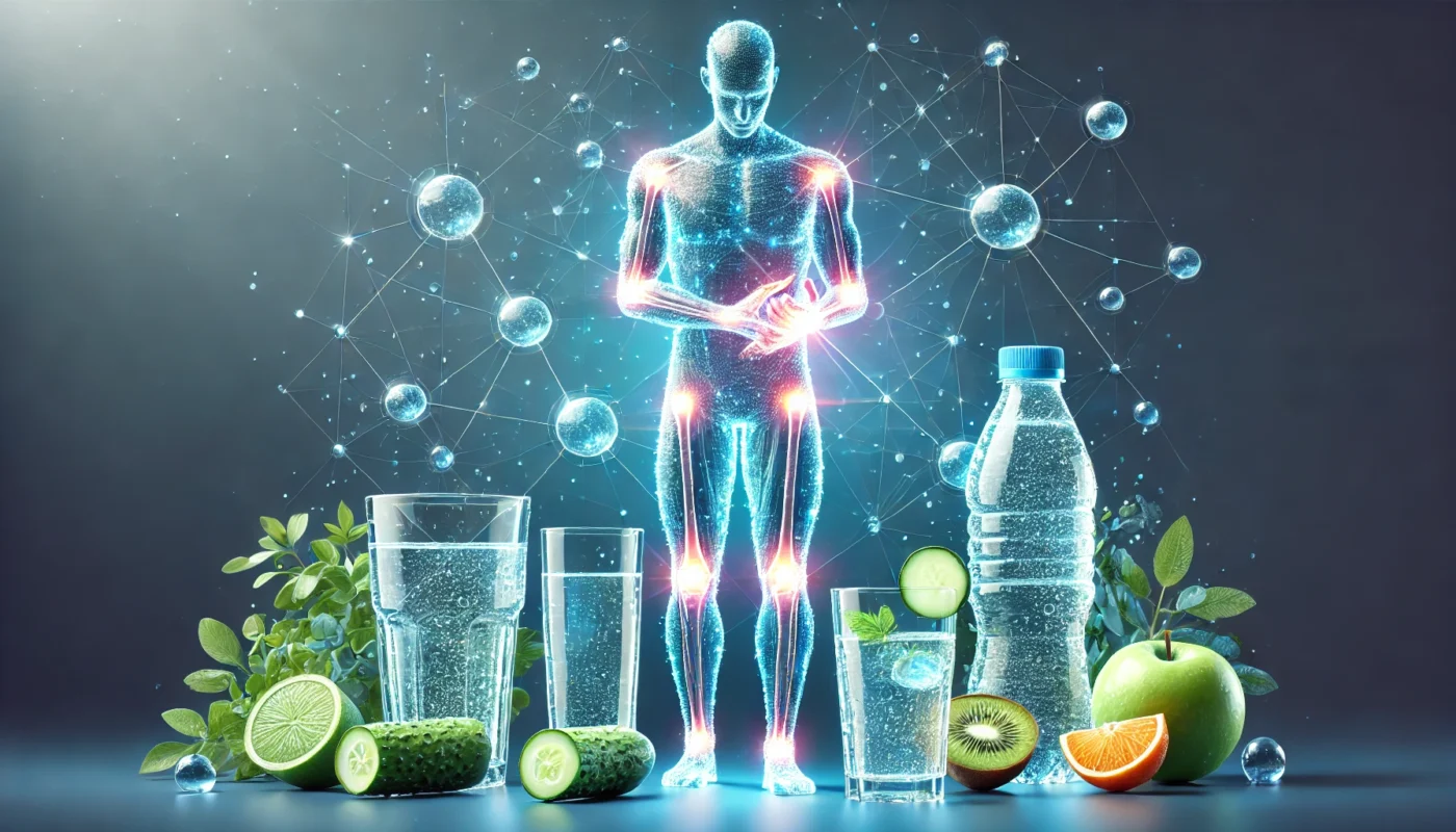 A conceptual illustration of a glowing, transparent human figure with healthy joints, surrounded by glasses of water, cucumbers, and fresh fruits. Emphasizes hydration's benefits for managing bursitis.