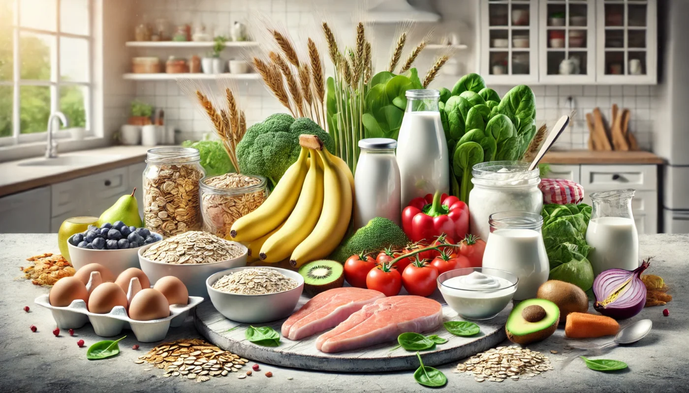 A vibrant display of IBS and IBD-friendly foods, including bananas, oats, grilled chicken, yogurt, spinach, and carrots, arranged on a clean kitchen counter under bright natural light. Perfect for promoting gut health.