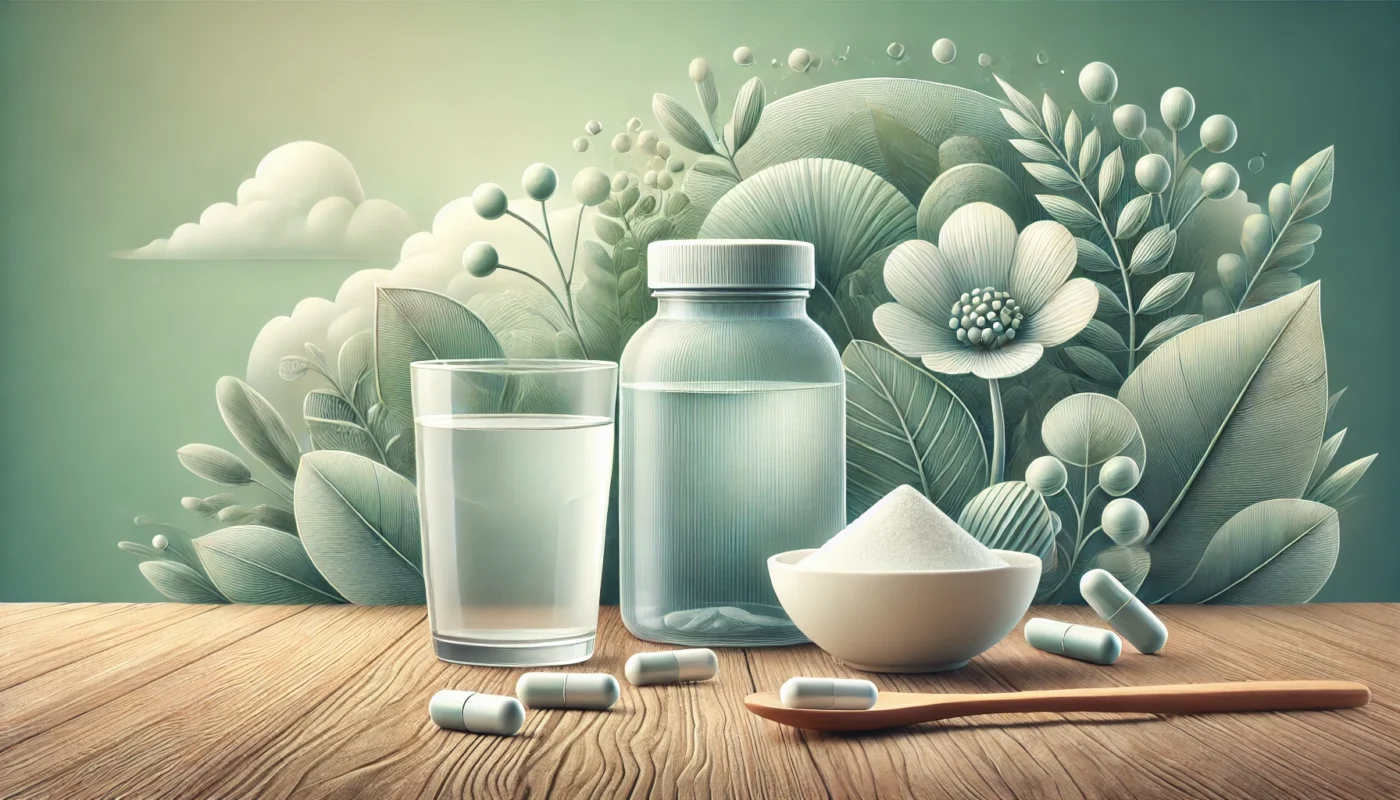 What are some of the Glucosamine Chondroitin Sulfate MSM side effects? A detailed illustration of MSM supplements, including capsules and powder, arranged on a wooden table with a glass of water, set against a natural gradient of green and white, symbolizing health and wellness.