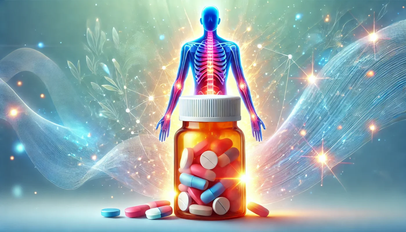 What are some of the best body pain tablets? This is a conceptual illustration of body pain relief tablets with glowing effects around a pill bottle, symbolizing effective pain management, set against a calming gradient of light blue and white.