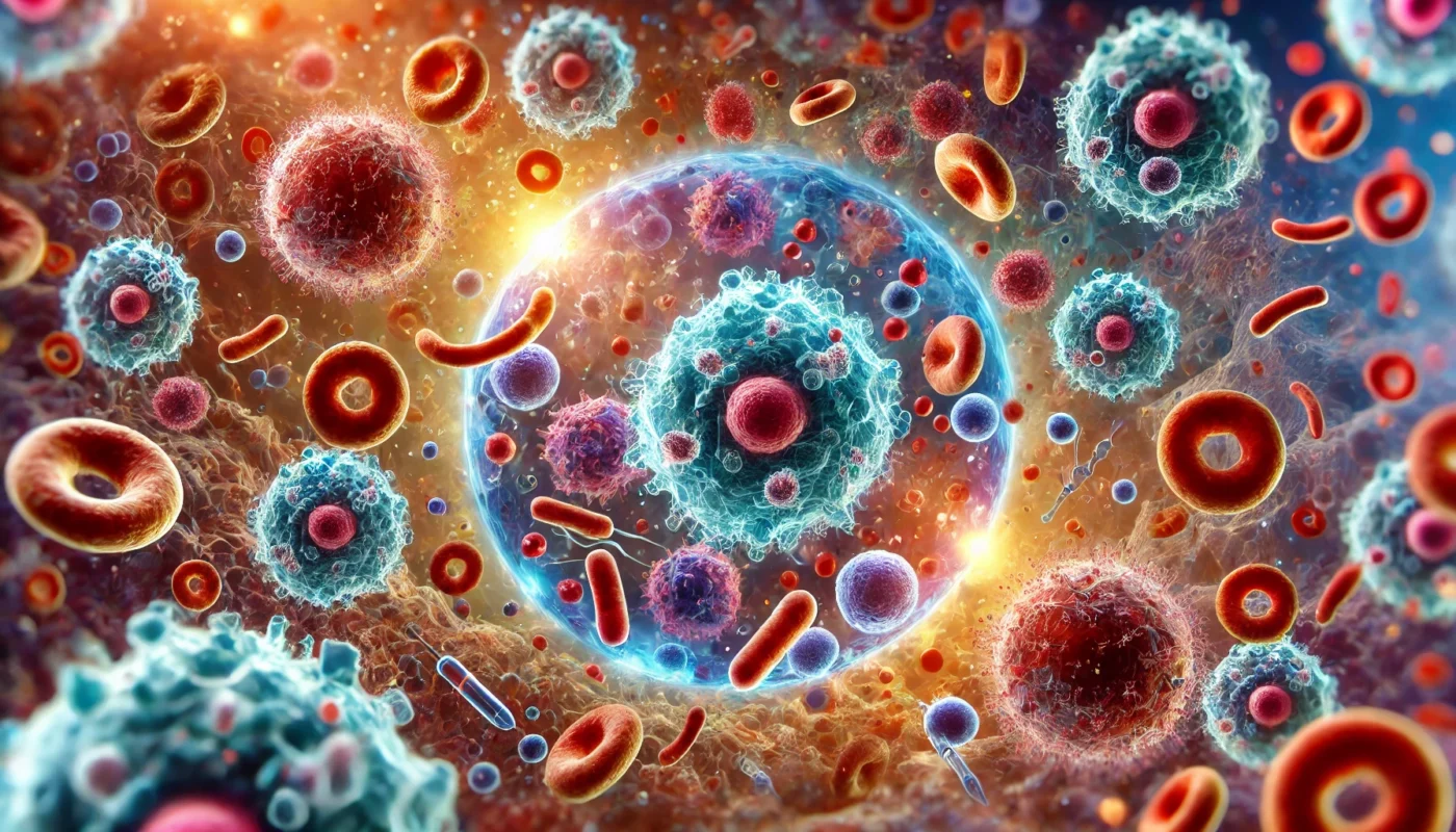 Microscopic view of human immune cells, including macrophages and neutrophils, engaging with pathogens in a vivid illustration of the inflammation process. Cellular structures are intricately detailed, highlighting the body's natural defense mechanisms.