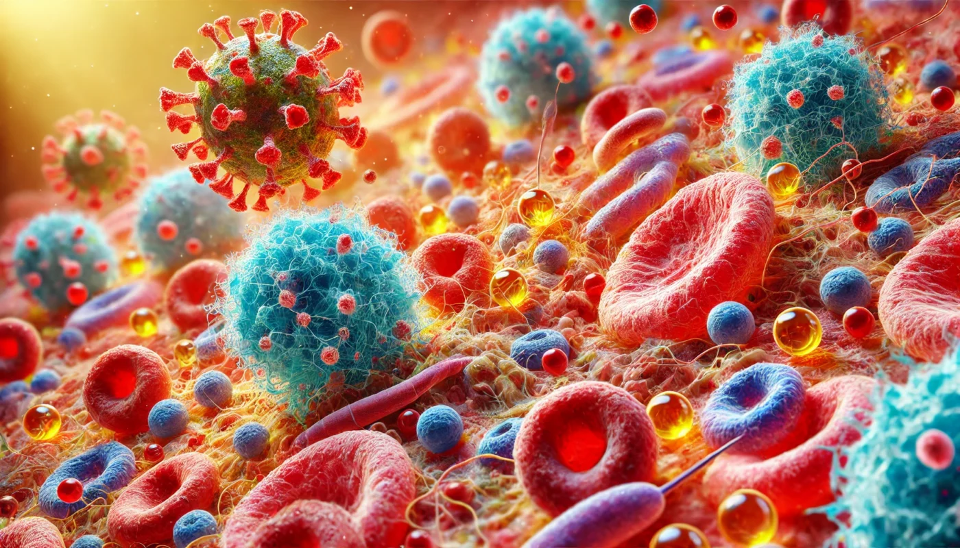 A detailed microscopic visualization of immune cells, including macrophages and neutrophils, actively responding to inflammation. The vivid colors and intricate textures illustrate the biological interactions during the inflammatory process.