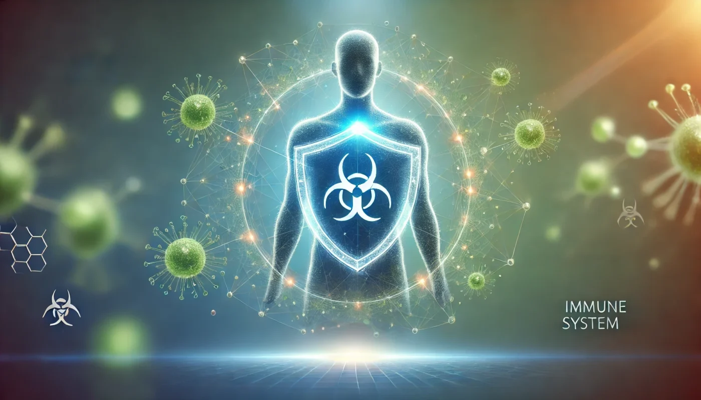 A glowing shield representing the immune system inside a human silhouette, surrounded by subtle connections symbolizing immune responses. The background features a calming gradient of soft blue and green tones, reflecting health and balance in managing inflammatory diseases.