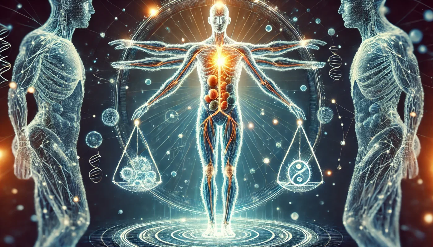 A modern visual of the human immune system glowing with light effects around the body, symbolizing its defense against infection and inflammation, emphasizing health and balance.