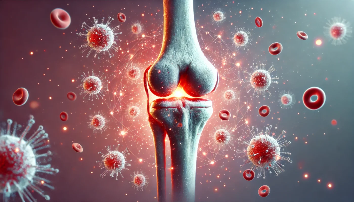 An artistic depiction of the immune system's role in joint inflammation, showcasing symbolic white blood cells interacting with an inflamed joint. The joint is surrounded by glowing particles and red areas, highlighting the immune response against a soft gradient background.