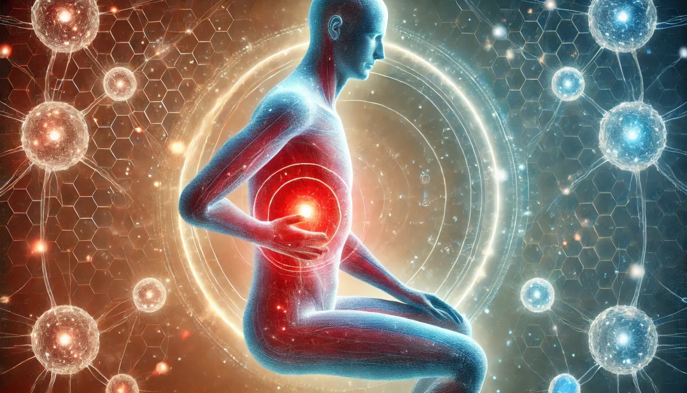 An artistic representation of inflammation effects on the human body, featuring red and blue glowing areas symbolizing heat and healing, set against a neutral background for a scientific yet serene aesthetic.