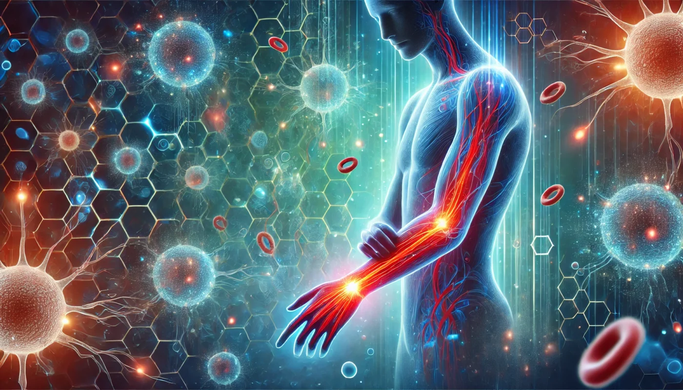 A calming illustration of the inflammation process in a human arm, featuring glowing red and blue gradients symbolizing blood flow and immune activity, surrounded by cellular elements highlighting the healing process.