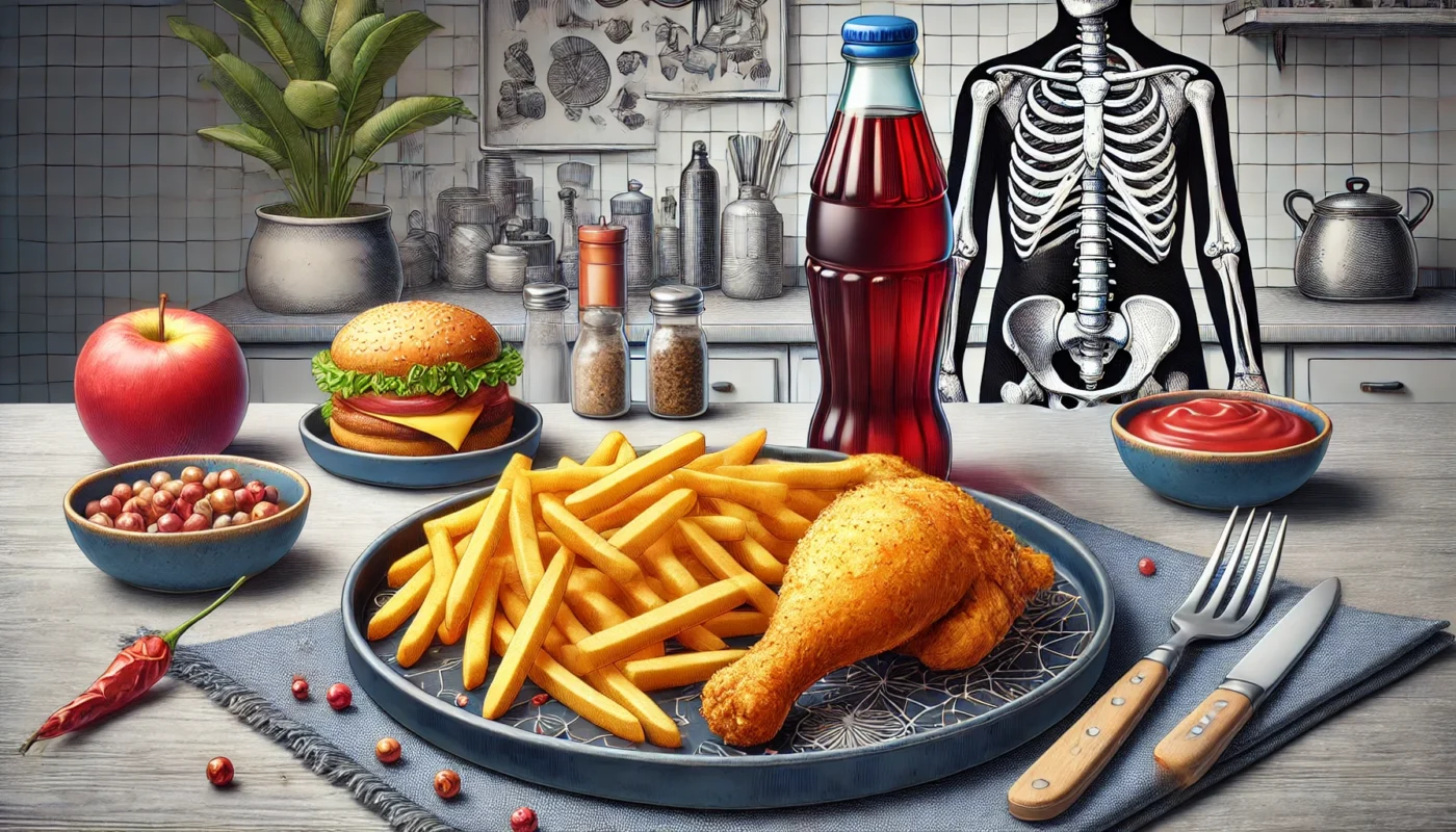 A plate of fried foods, including fries and chicken, accompanied by a bottle of soda on a kitchen counter, emphasizing unhealthy and inflammatory dietary choices that can worsen arthritis symptoms.