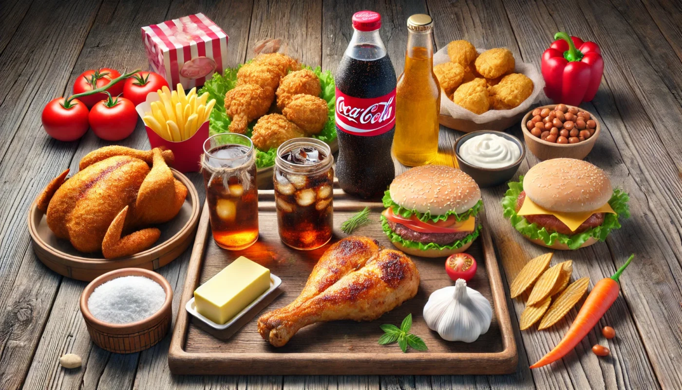 A natural widescreen image of a wooden table featuring inflammatory foods, including fried chicken, a soda bottle, a burger, butter, and processed meats. The scene is realistic and emphasizes unhealthy dietary choices without any text or artificial elements.