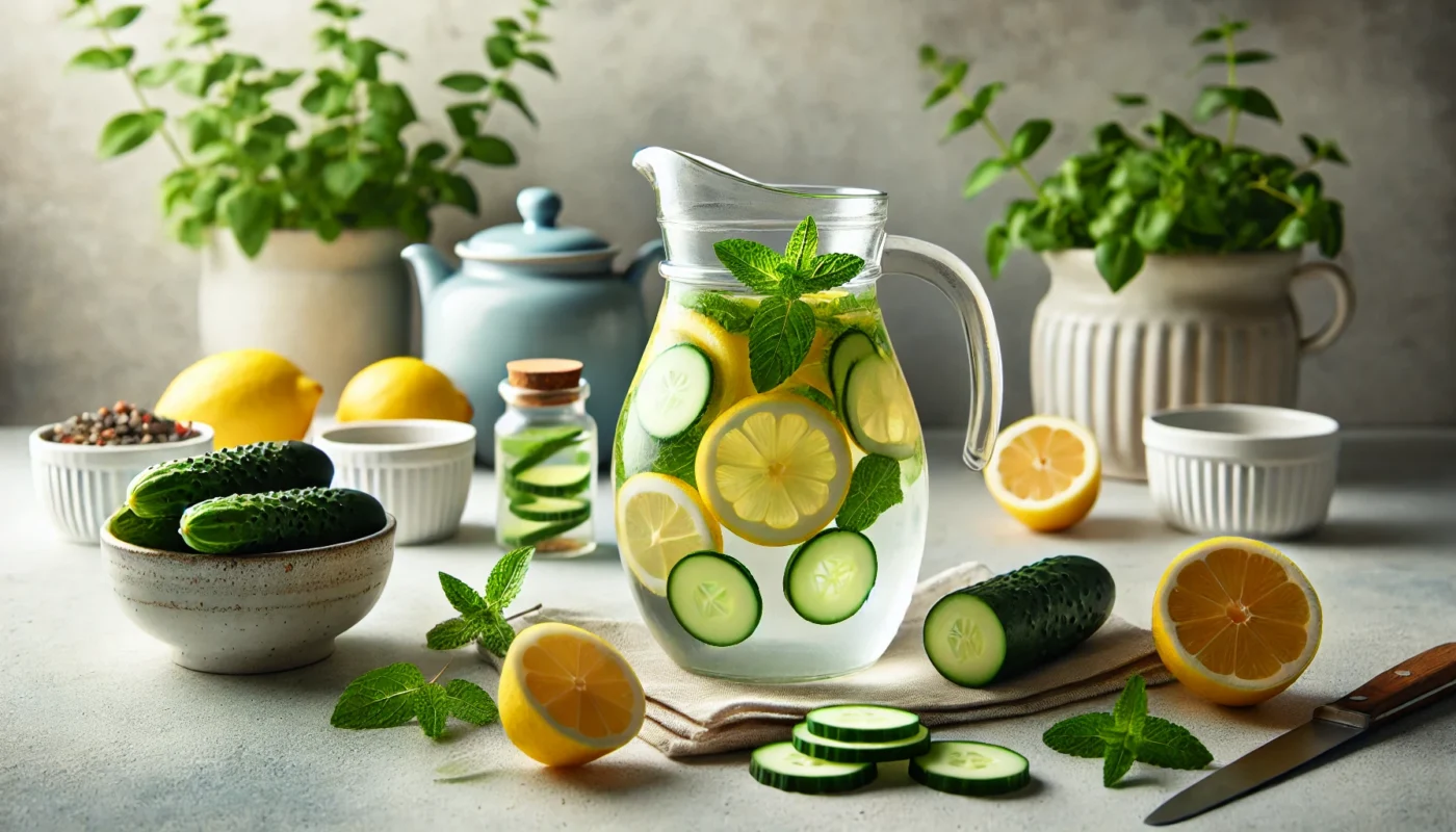 A pitcher of infused water with lemon slices, cucumber rounds, and mint leaves on a light countertop, surrounded by fresh ingredients. Highlights hydration as part of the anti-inflammatory itis diet.