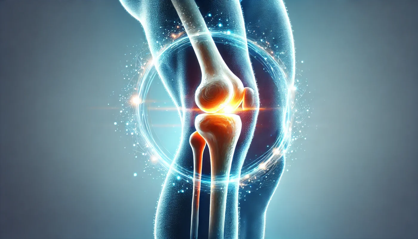 A conceptual depiction of a human knee joint glowing with strong, healthy cartilage, surrounded by a soft blue aura, symbolizing joint health and the restorative effects of sulphate supplements.