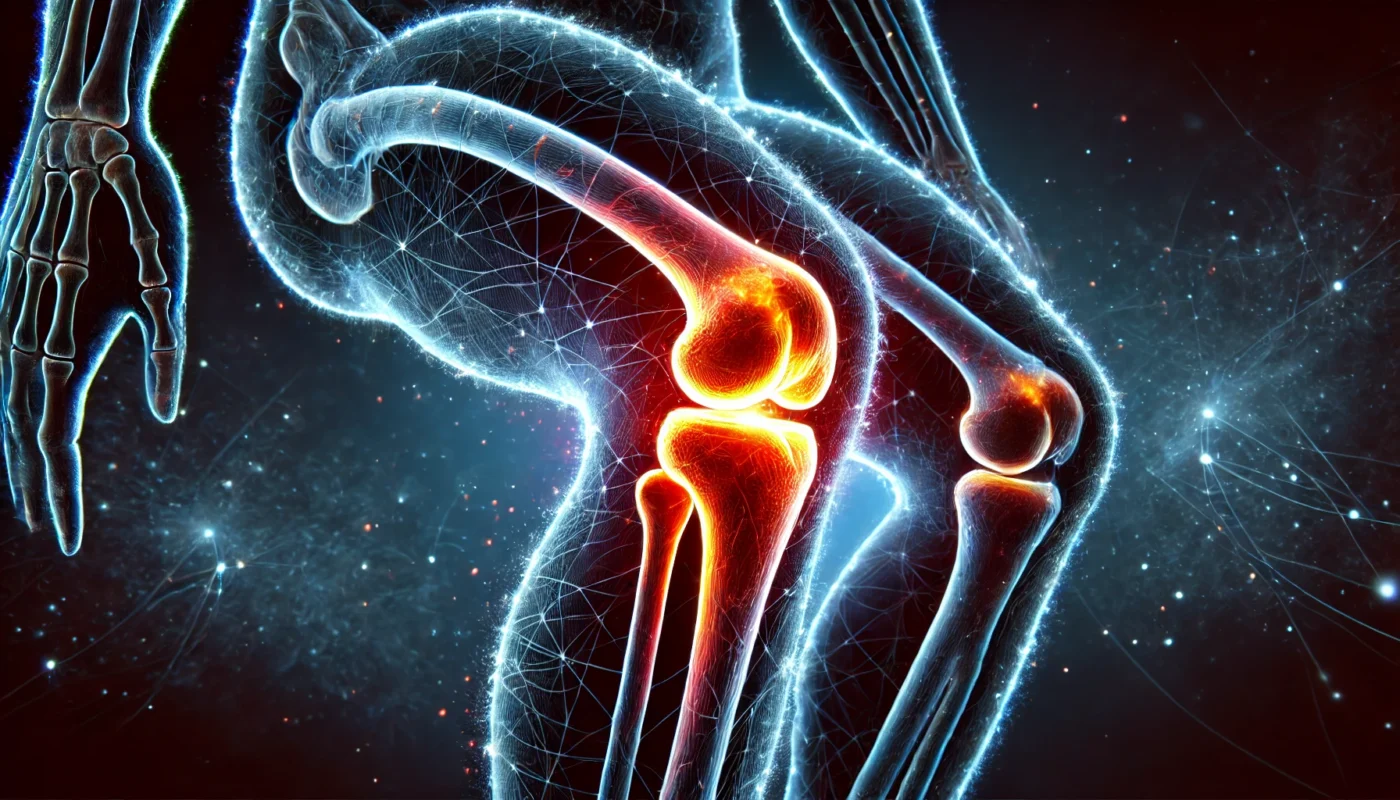 A glowing illustration of an inflamed human knee joint against a dark background, highlighting the effects of joint pain and inflammation within the skeletal structure.