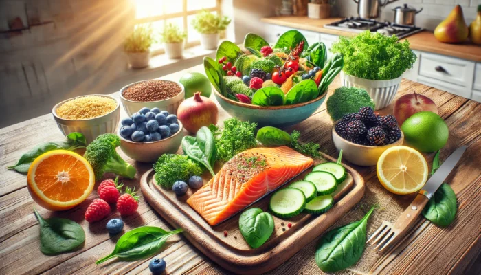 A nutritious meal featuring grilled salmon, a fresh green salad with spinach and kale, mixed berries, and a side of quinoa, highlighting what is good for inflammation of the joints through diet.