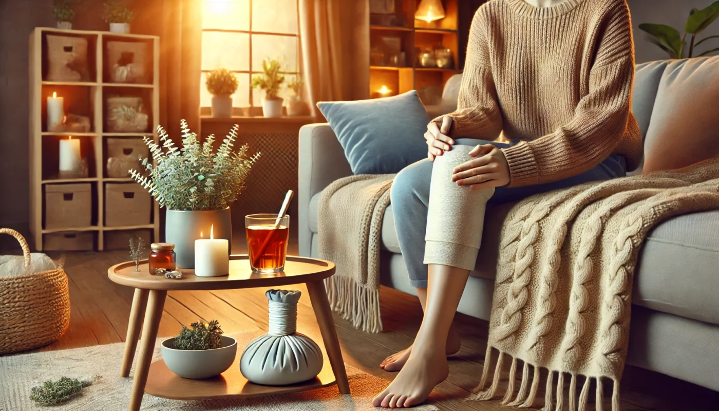 A person applying a warm compress to their knee while sitting in a cozy home environment, illustrating how heat therapy is good for inflammation of the joints.