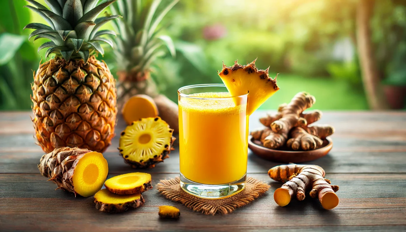 A refreshing glass of pineapple juice surrounded by fresh pineapple slices and turmeric roots, highlighting one of the best juices for arthritis with natural anti-inflammatory properties.