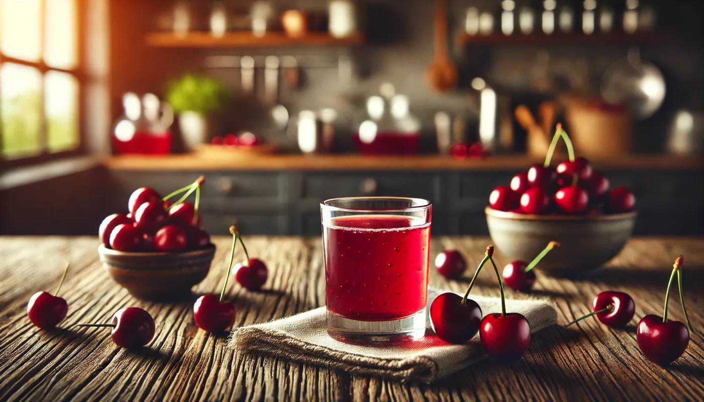 A glass of tart cherry juice on a rustic wooden table, accompanied by fresh cherries, showcasing its anti-inflammatory benefits as one of the best juices for arthritis relief.