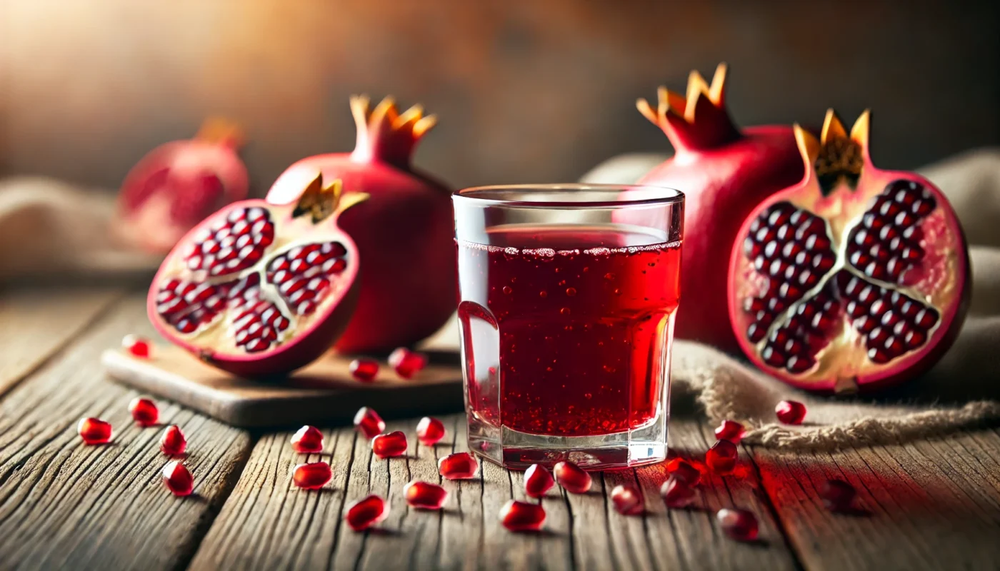 A glass of fresh pomegranate juice placed on a rustic wooden surface, surrounded by whole and halved pomegranates, emphasizing its rich antioxidants as one of the best juices for arthritis management.