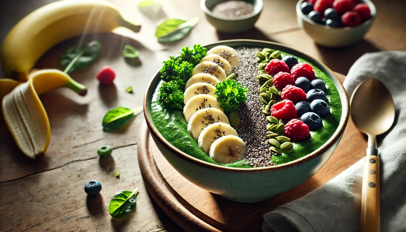 A refreshing smoothie bowl made with blended kale and almond milk, topped with banana slices, mixed berries, and chia seeds, highlighted by natural lighting to emphasize its vibrant and anti-inflammatory qualities.