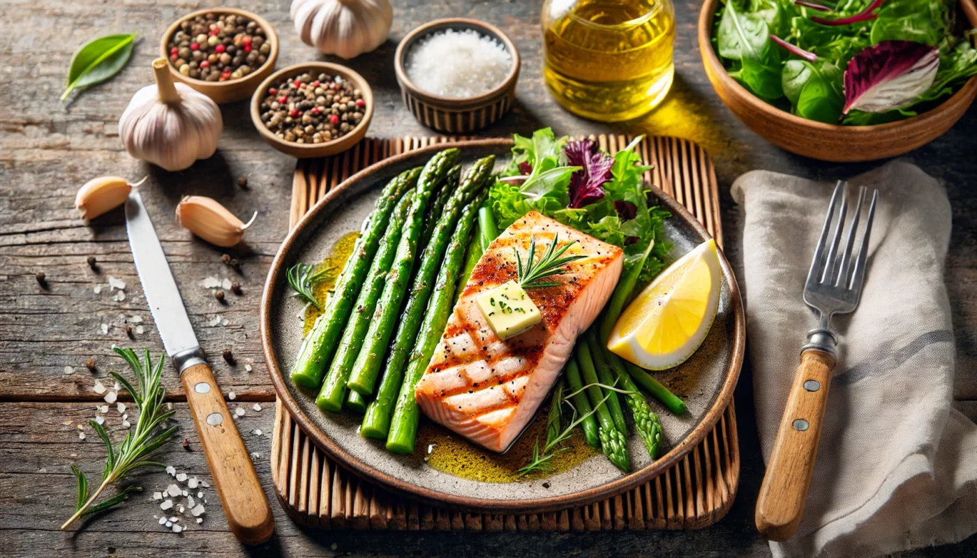 A text-free widescreen image of a keto dinner plate with grilled salmon, sautéed asparagus, garlic butter, mixed greens, and a lemon wedge. The rustic wooden table setting is naturally lit, focusing on health and anti-inflammatory eating.