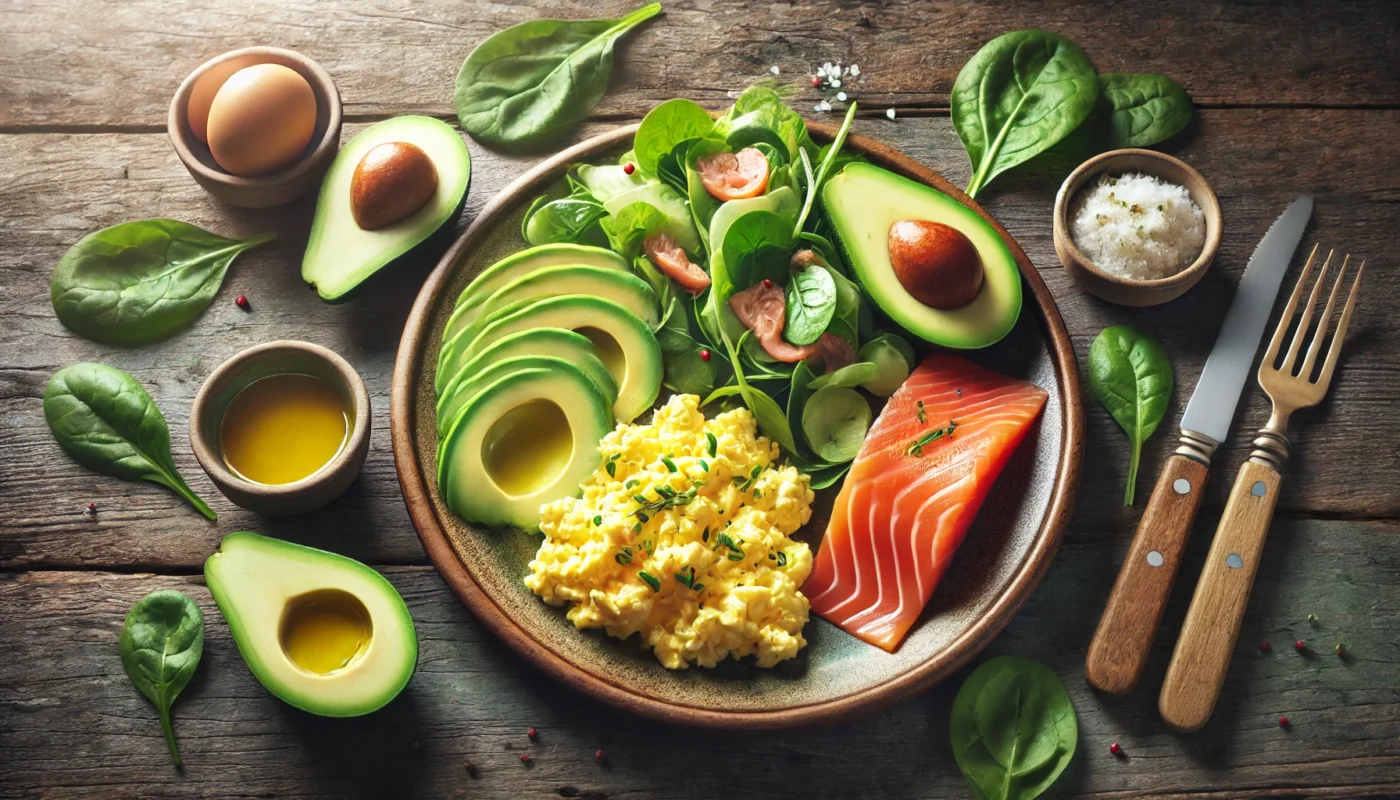 A text-free widescreen image of a keto-friendly breakfast featuring scrambled eggs, avocado slices, smoked salmon, and leafy greens on a ceramic plate. The setup is on a rustic wooden table with soft natural lighting, highlighting a healthy, anti-inflammatory meal.