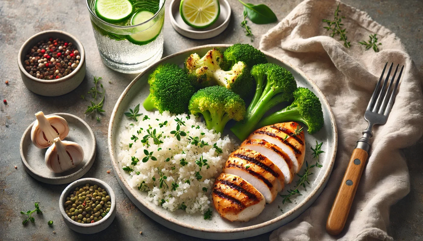 A text-free widescreen image of a keto lunch featuring grilled chicken breast, steamed broccoli, and cauliflower rice on a white plate. The setting includes a glass of infused water and fresh herbs, emphasizing a wholesome, anti-inflammatory meal.