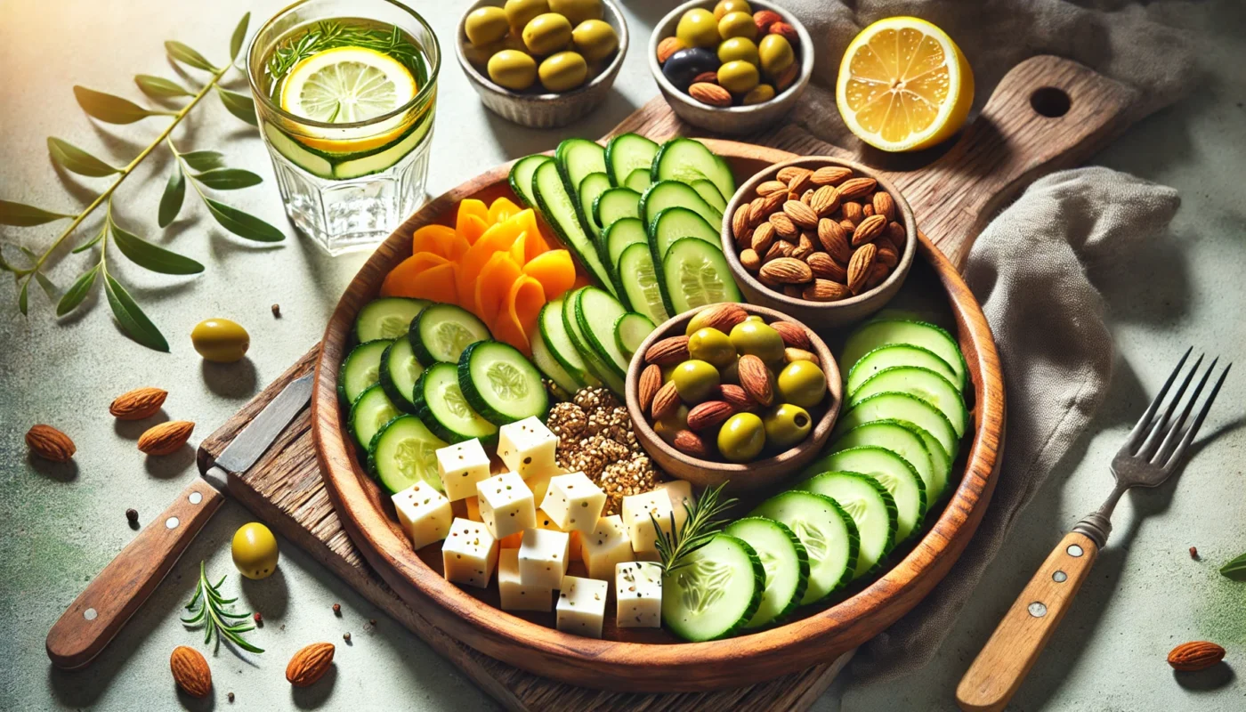 A text-free widescreen image of a keto snack platter featuring cucumber slices, cheese cubes, mixed nuts, and olives on a wooden tray. A glass of lemon-infused water and natural light enhance the clean, anti-inflammatory diet theme.