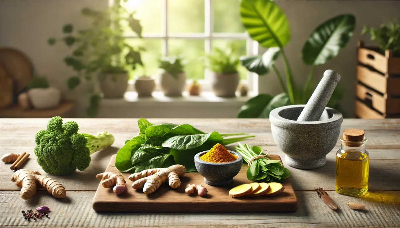 A serene kitchen countertop featuring fresh anti-inflammatory ingredients like turmeric root, ginger, and leafy greens on a cutting board. A mortar and pestle, ground spices, and a bowl of olive oil add to the calming, health-focused atmosphere.