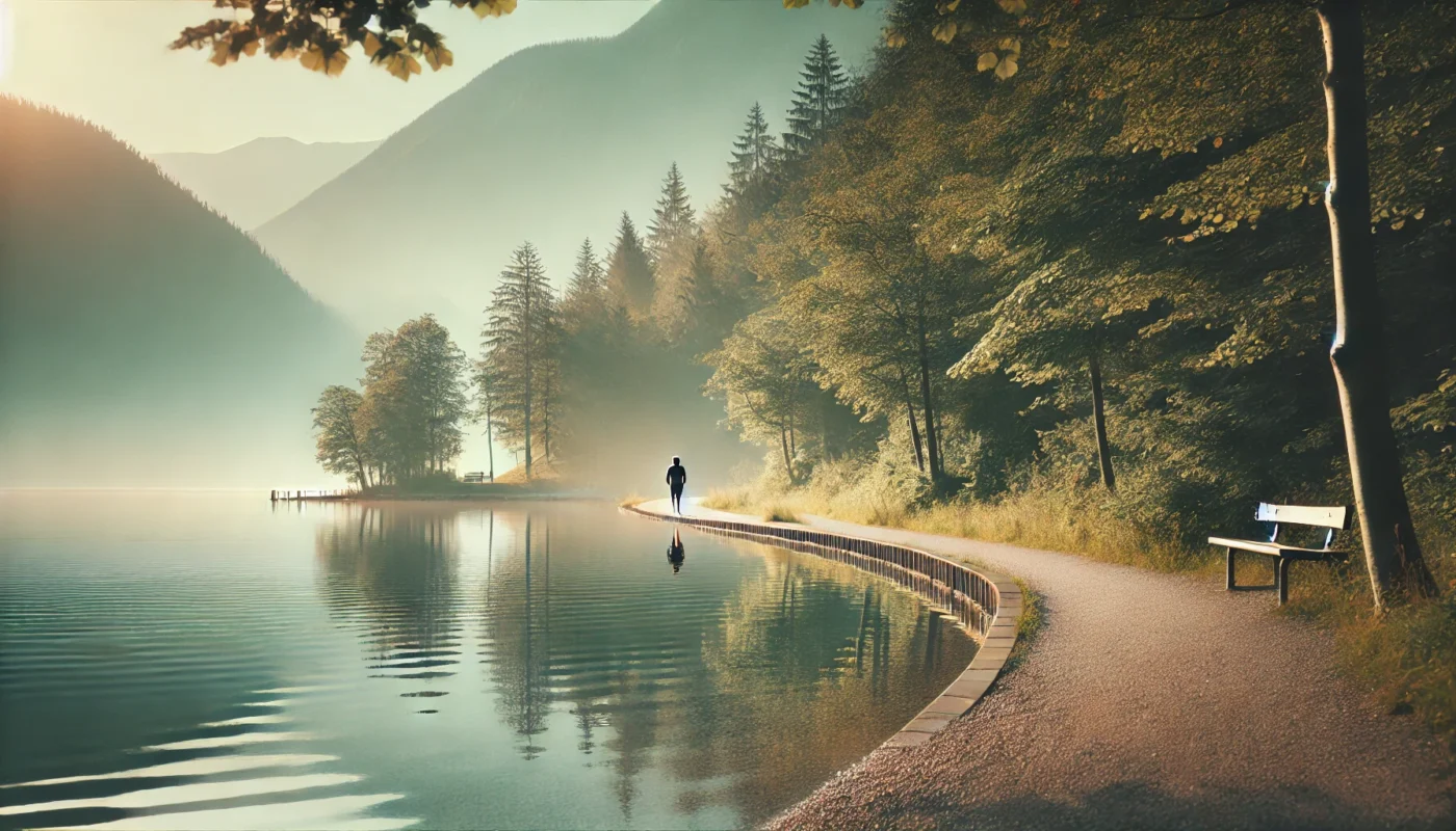 A peaceful lakeside path with a person walking along the shore, calm waters reflecting trees and mountains, and a soft mist enhancing the tranquil atmosphere, showcasing the restorative effects of walking in serene natural settings.