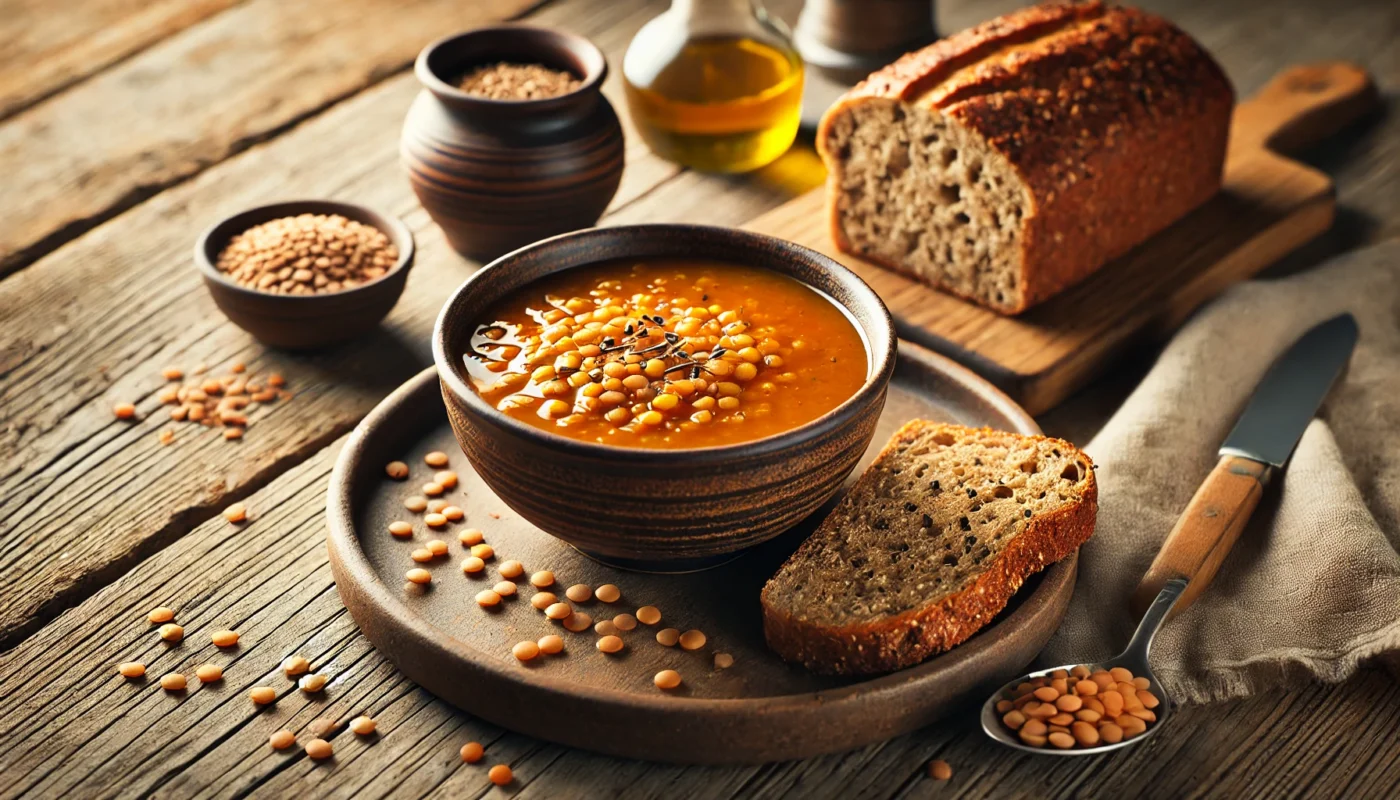 A hearty bowl of lentil soup accompanied by a slice of whole-grain bread, placed on a rustic wooden table and highlighted by natural lighting to showcase its comforting and anti-inflammatory benefits.