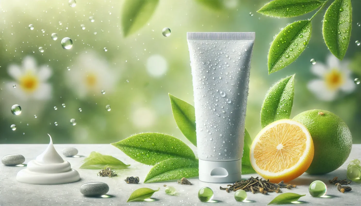 A lightweight body lotion tube on a marble surface, adorned with water droplets, green tea leaves, and a citrus slice, with a blurred greenery background, showcasing freshness and non-greasy hydration for summer.