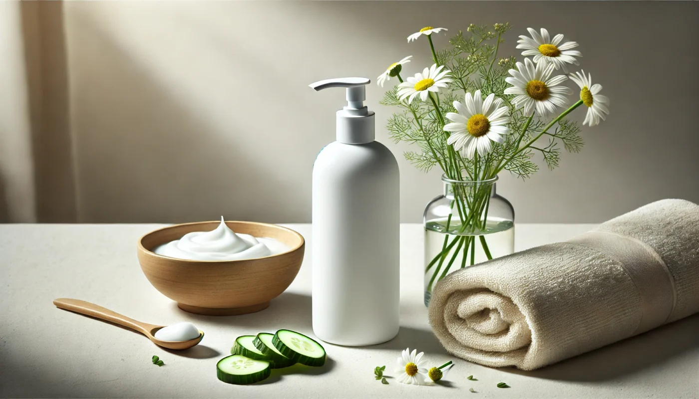 A spa-inspired setting with a lightweight body lotion bottle, fresh cucumber slices, a towel, and chamomile flowers, all bathed in soft natural light, symbolizing soothing hydration and relaxation for summer.