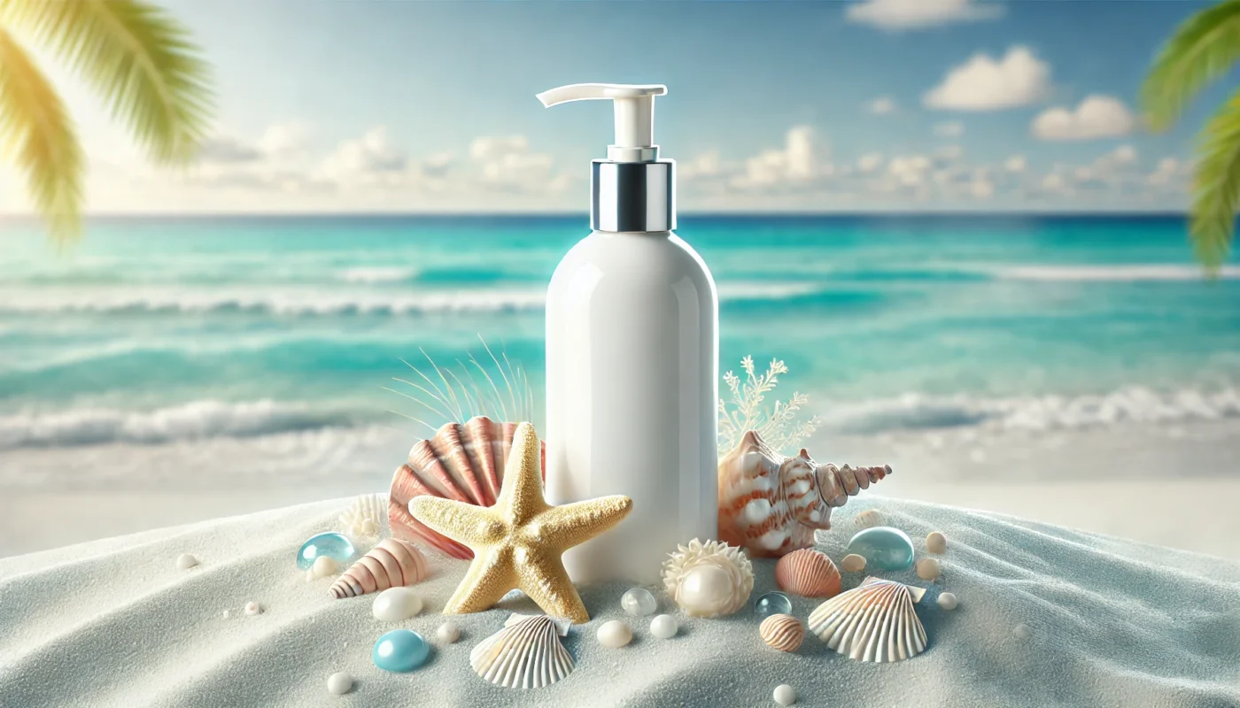 A lightweight body lotion bottle with a pump dispenser on white beach sand, surrounded by seashells and a starfish, with a turquoise ocean and sky in the background, symbolizing a refreshing summer skincare solution.