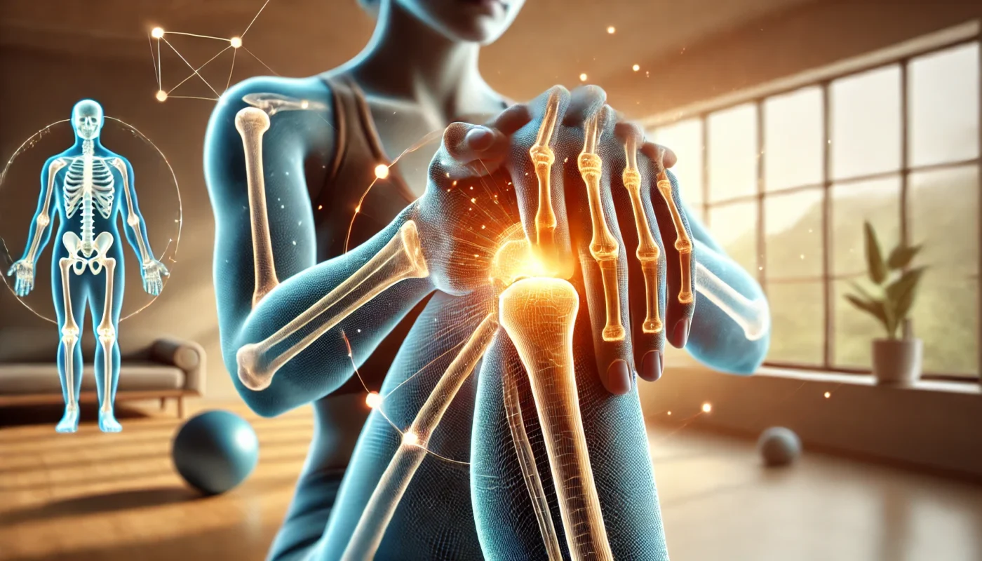 A detailed illustration of joint inflammation management featuring a person gently stretching in a calming indoor environment. The joints are highlighted with soft glowing effects, representing relief and enhanced mobility through exercise.