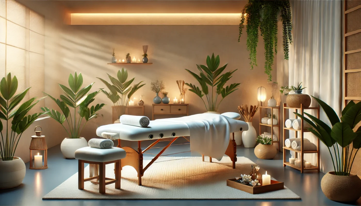 A massage therapy room with a comfortable massage table, soft white towels, and candles. The room features lush greenery, wooden furniture, and warm ambient lighting, creating a soothing and therapeutic environment.