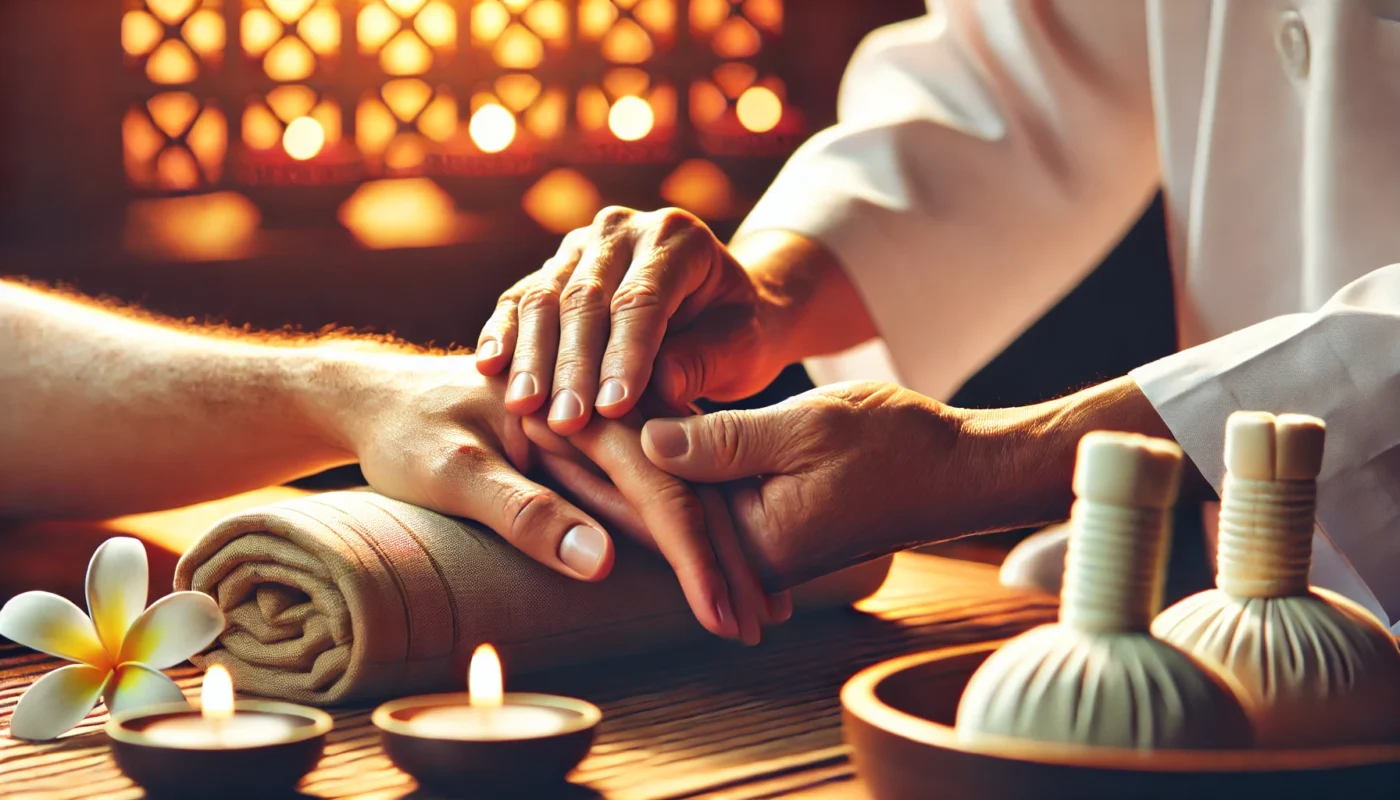 A relaxing massage therapy session in a warm spa environment, where a therapist gently massages a person's hands to alleviate arthritis pain and promote relaxation.