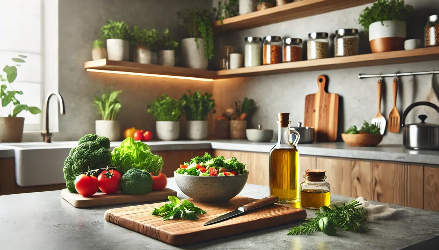 A tranquil modern kitchen setup featuring a wooden cutting board with fresh anti-inflammatory ingredients like chopped vegetables, herbs, and olive oil. Clean countertops and natural light emphasize simplicity and a health-focused lifestyle.