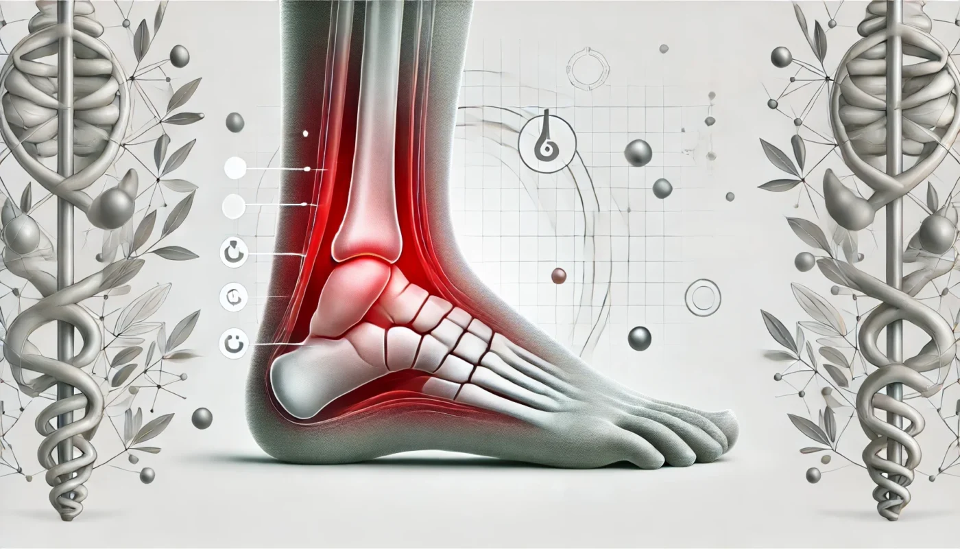 A detailed medical illustration depicting swelling in a human ankle and foot, with visible redness and fluid accumulation. The design highlights the contrast between swollen and normal areas, presented against a minimalistic background for clarity, ideal for educational and medical purposes.