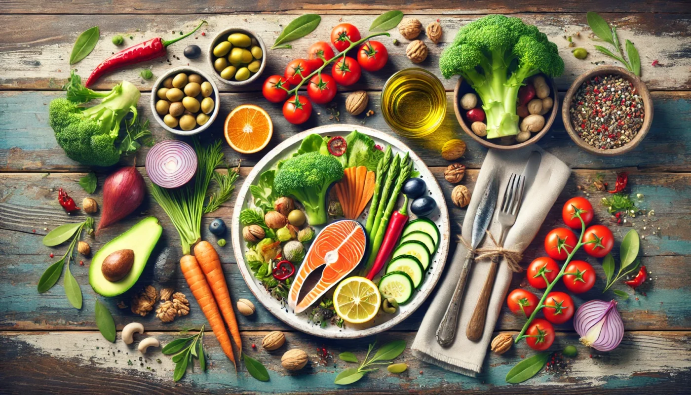 A vibrant Mediterranean-style meal spread featuring colorful vegetables, olive oil, nuts, and fish on a rustic wooden table, symbolizing an anti-inflammatory diet for osteoarthritis management.