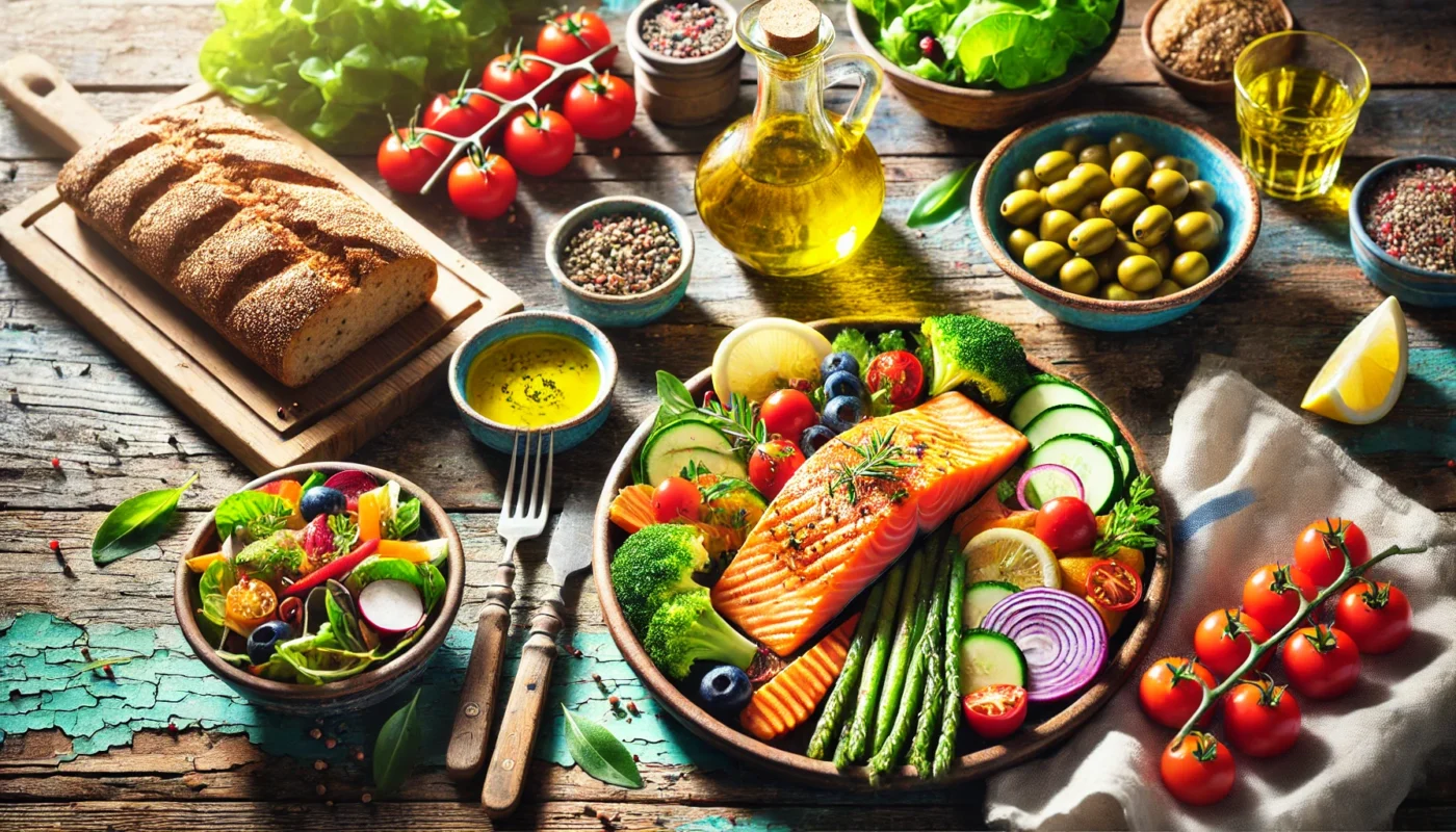 A Mediterranean-style meal on a rustic wooden table, featuring grilled salmon, fresh vegetables, olive oil, and whole grain bread, emphasizing anti-inflammatory and healthy food choices.