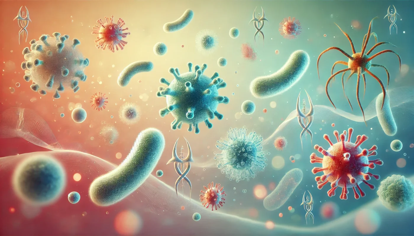 A calming medical visualization depicting stylized microorganisms representing bacterial, viral, fungal, and parasitic infections, floating in a glowing space to illustrate the diversity of infection causes.