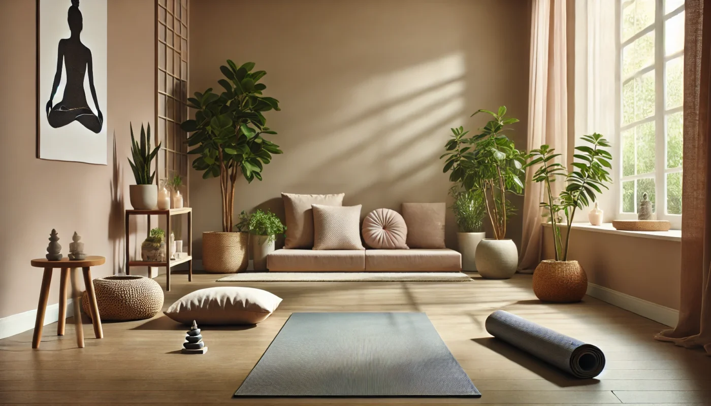 A serene yoga space with a mat, meditation cushions, and soft natural lighting, surrounded by potted plants and minimalist decor. Designed to promote mindfulness, stress reduction, and brain inflammation management.