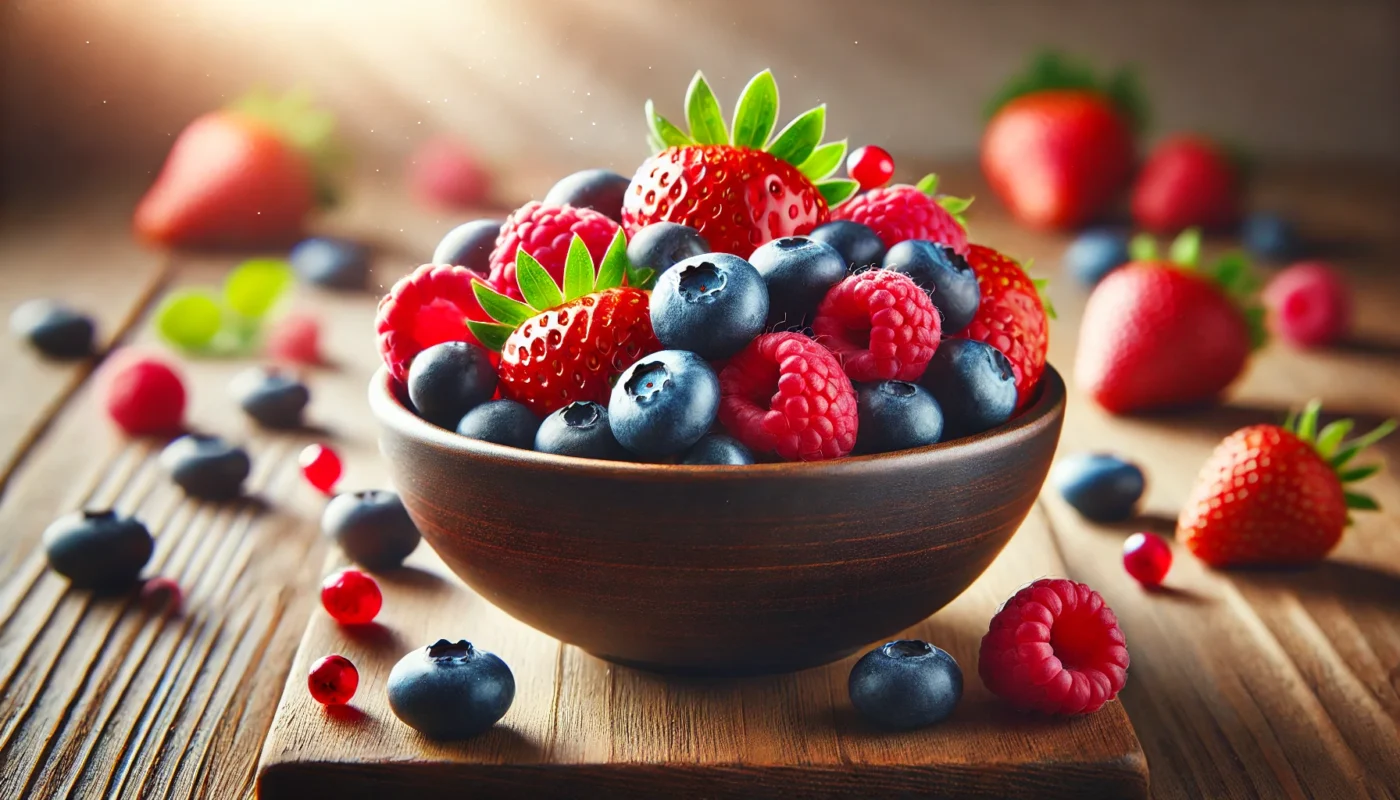 A bowl of vibrant mixed berries, including blueberries, strawberries, and raspberries, on a wooden table with soft natural lighting, emphasizing their health benefits as anti-inflammatory foods.