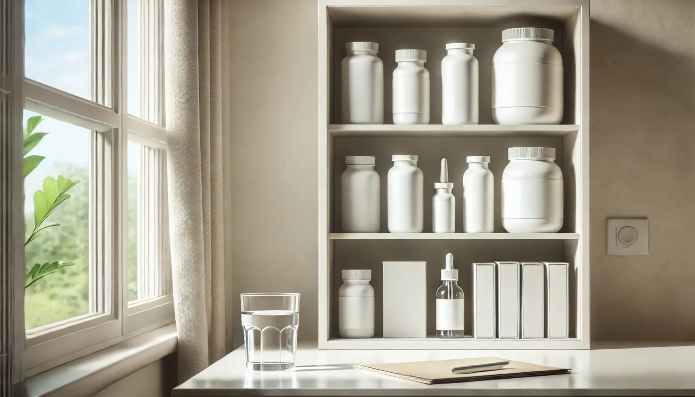 What is the strongest over the counter painkiller? This is a modern, minimalist home medicine cabinet featuring plain, unmarked bottles and boxes neatly organized on shelves. The cabinet is well-lit with soft natural light, creating a clean and serene atmosphere.