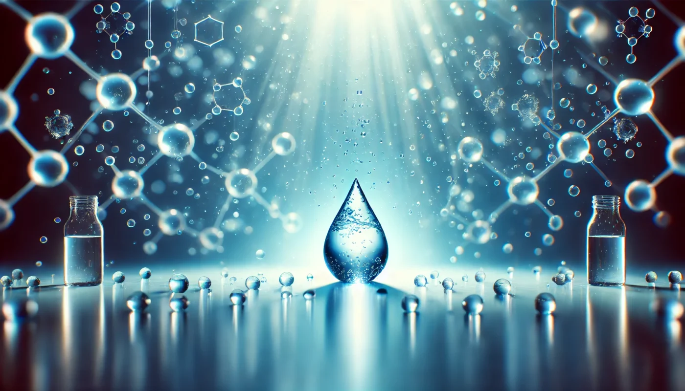 A serene depiction of water molecules in a glowing blue environment, representing cellular hydration and its role in reducing inflammation and supporting health.