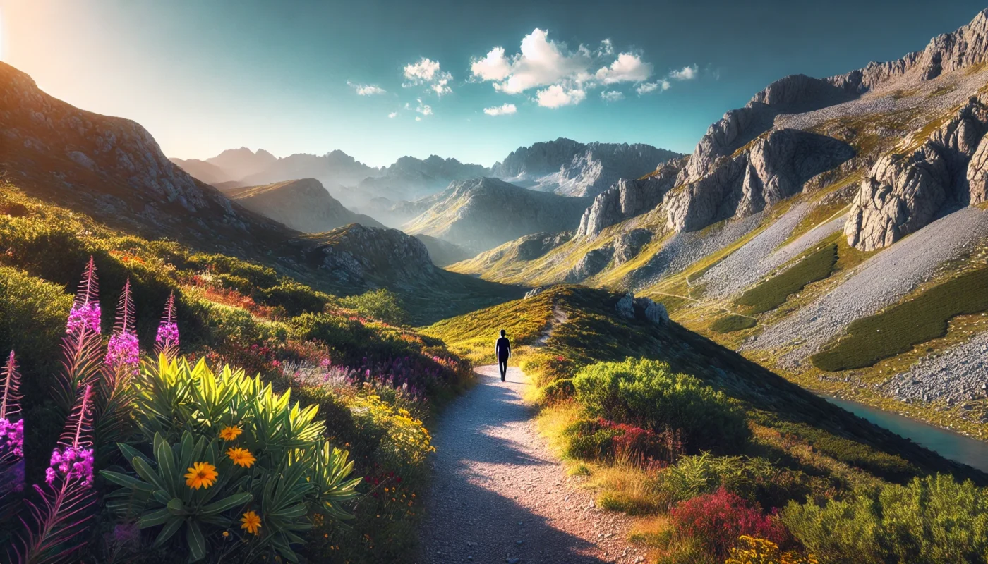 A serene mountain trail with a person walking along a winding path surrounded by rugged peaks, vibrant wildflowers, and a clear blue sky, highlighting the restorative and anti-inflammatory benefits of walking in nature.