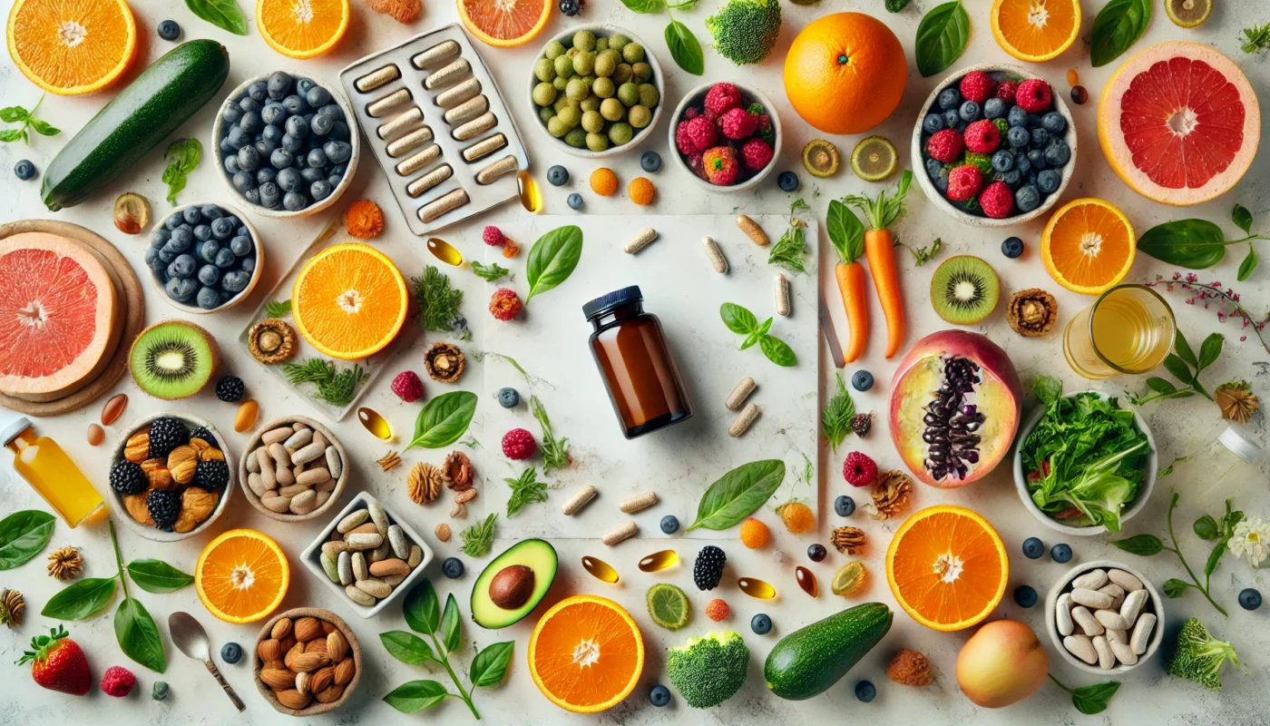 A beautifully arranged flat lay of natural multivitamin-rich foods and supplements, including vibrant citrus fruits, berries, nuts, and leafy greens, alongside multivitamin capsules. The clean, fresh aesthetic emphasizes skin-nourishing ingredients for a radiant complexion.