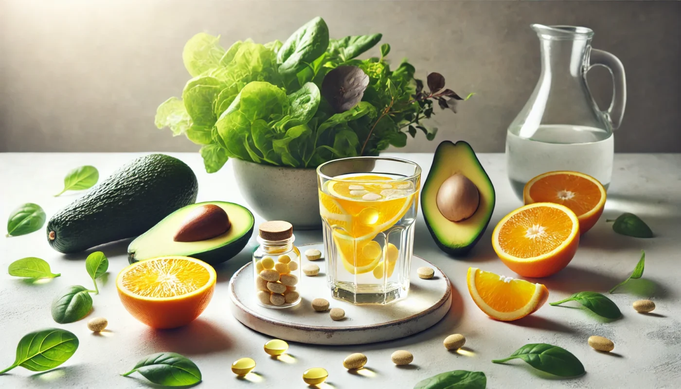 A serene and minimalistic composition featuring a glass of water with dissolved multivitamins, surrounded by fresh avocados, citrus fruits, and leafy greens. The bright and natural setting highlights the importance of hydration and nutrient-rich supplements for clear skin.