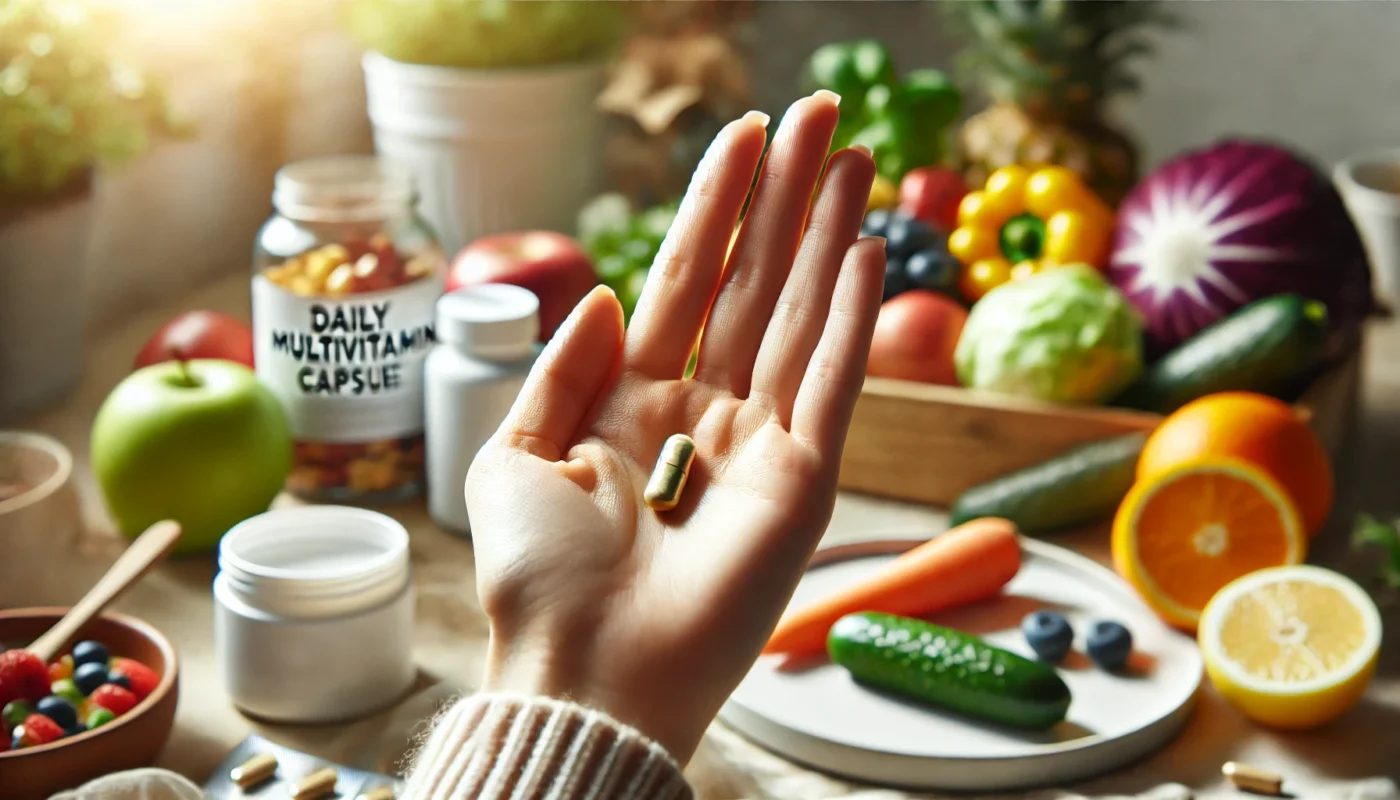 A close-up of a hand holding a daily multivitamin capsule, with a softly blurred background of fresh fruits, vegetables, and skincare essentials. The image focuses on the importance of vitamins in promoting clear and radiant skin.